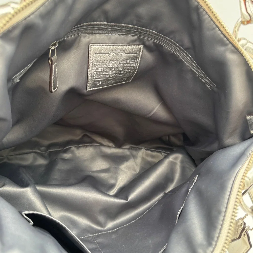 Vintage COACH Poppy Signature Sateen Glam Tote Bag White Silver Metallic 17x14